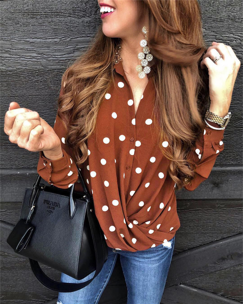 polka dot suit collar button long sleeve blouse  NSYF18833