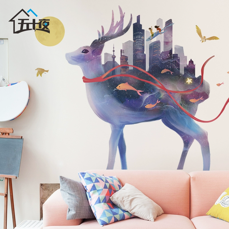 Fantasy Elk Dán tường Tự dính Giấy dán tường Ký túc xá Phòng ngủ Trang trí Tường ấm áp TV Nền Giấy dán tường - TV