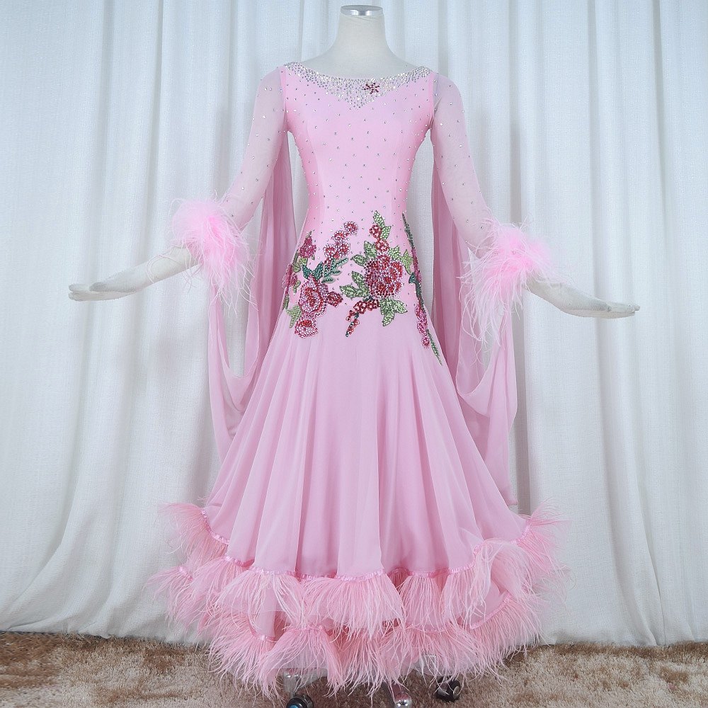 Red Phoenix Pink Ostrich Wool's Morden Dance Competition Skirt National Waltz Tango Fox Walk Performance Suit 1020