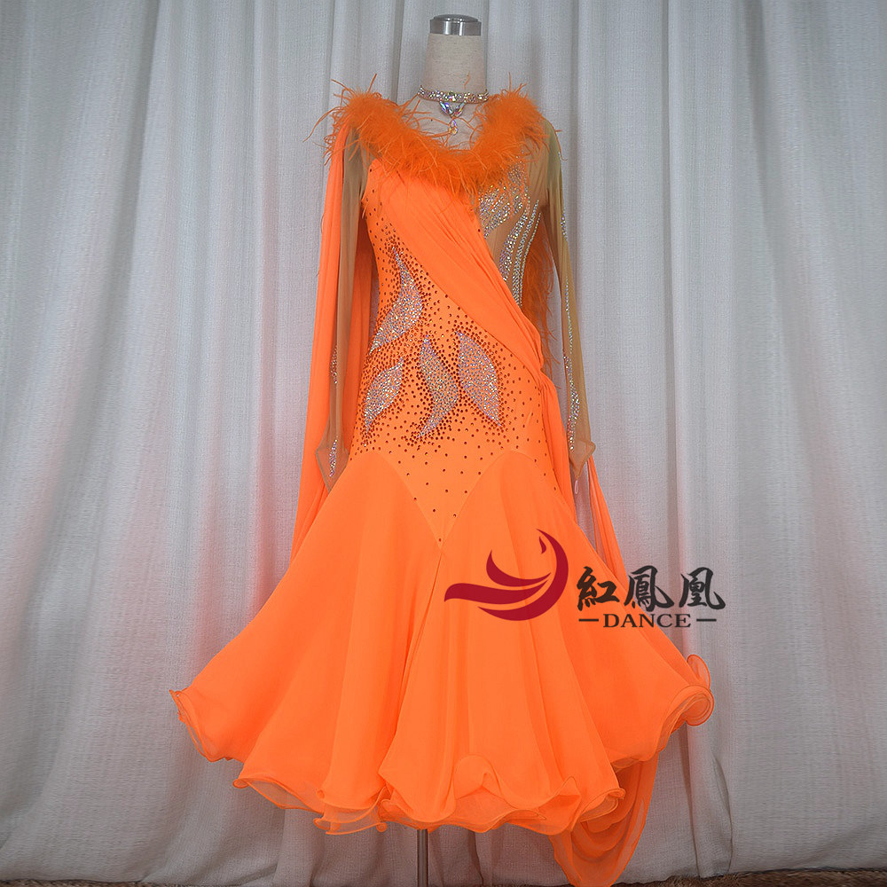 Red Phoenix Custom Feather State Pets Waltz Morden Competition Skirt Stage Act Out of Children B985