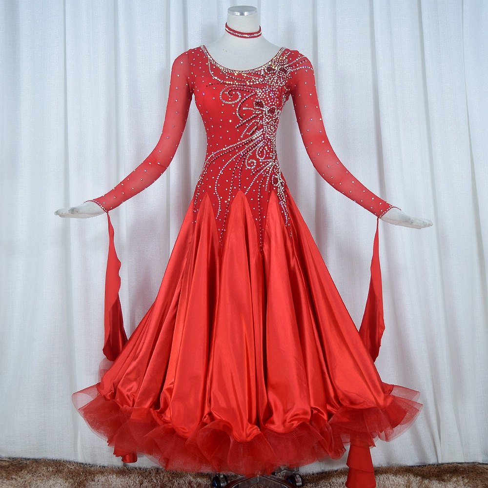 Red Phoenix Custom Wine Red Morden Dance Competition Dress Grand Swing Waltz Tango Fox Walk Performance Out 1004