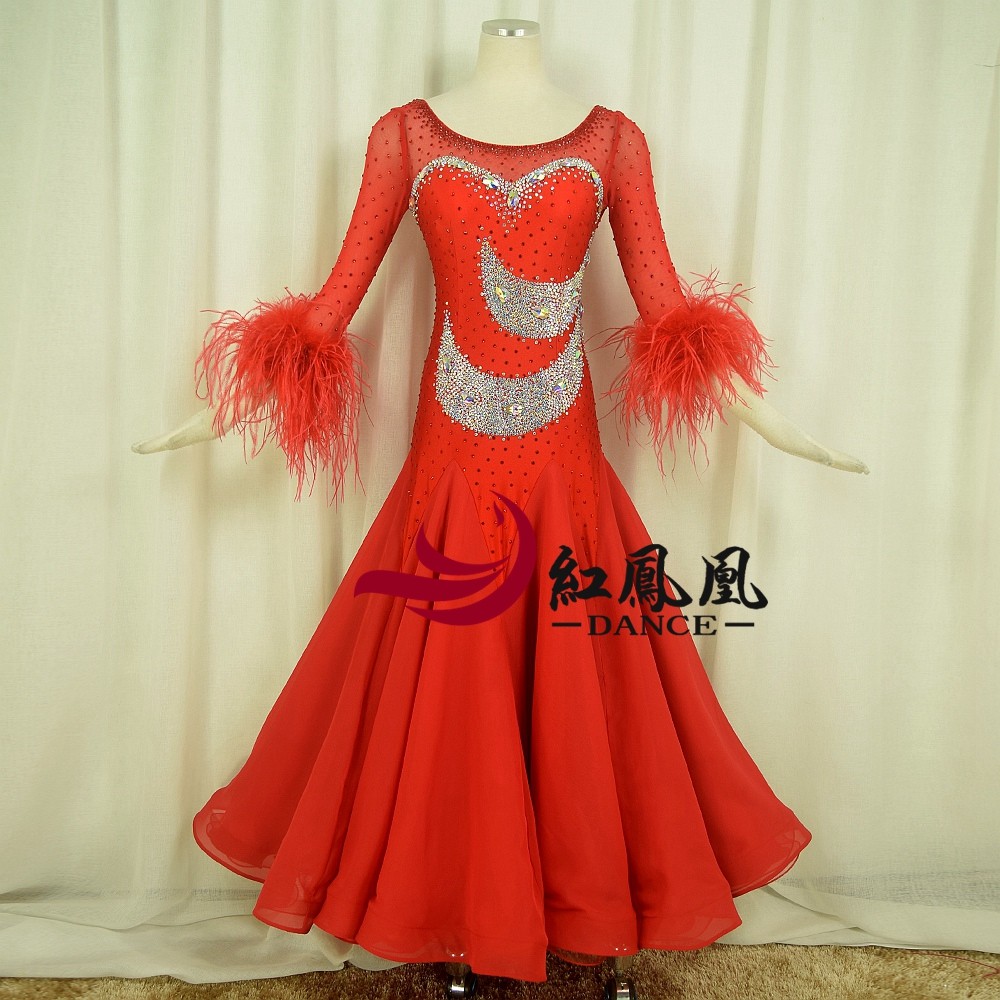 Red Phoenix Ostrich Wool's Morden Dance Contest Professional Competition Dress Out of the National Label Dancing Big Pendulum Skirt BR859