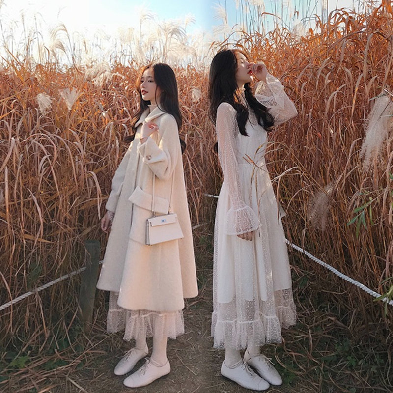 2021 spring new high cold royal sister wind mature super fairy quality lace tie dress female over-the-knee long skirt