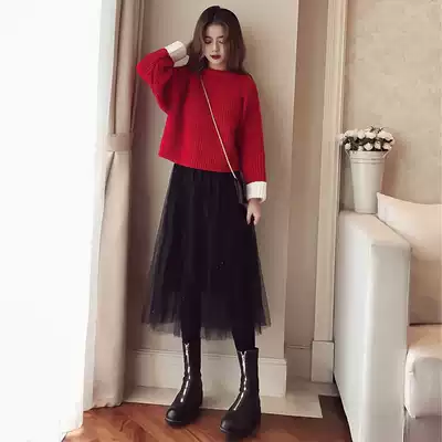 2021 autumn and winter New Net red temperament set women's fashion sweater sweater with mesh skirt two sets