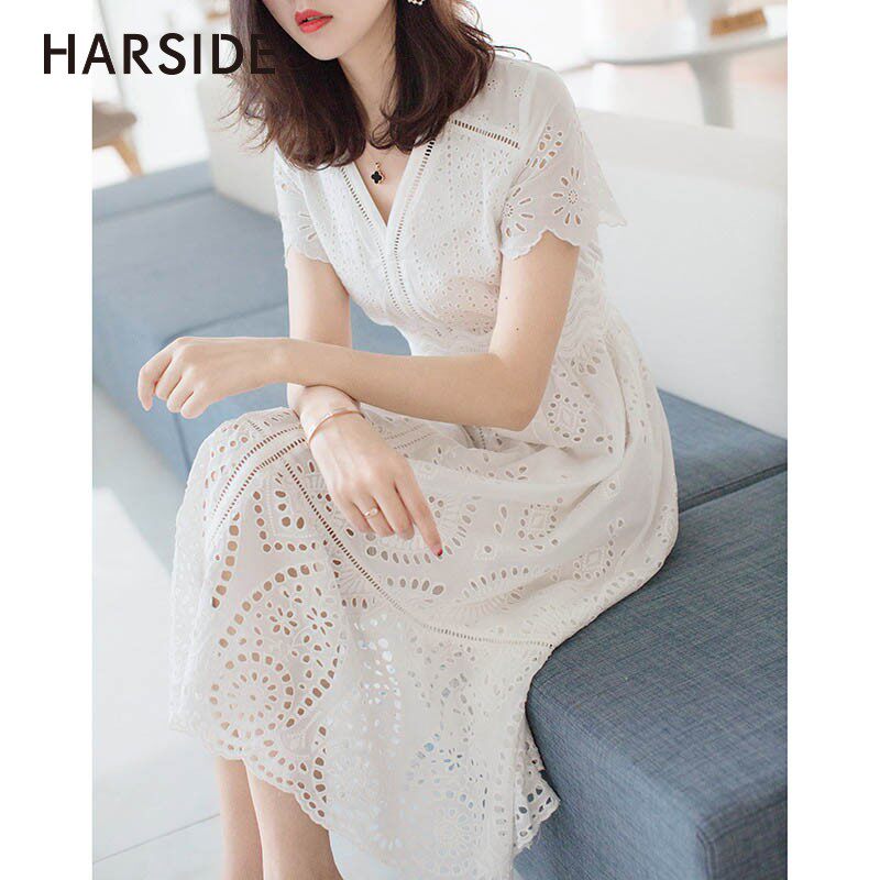 White long dress women's 2020 new V-neck lace dress hollow crochet middle and long version waist beach skirt summer