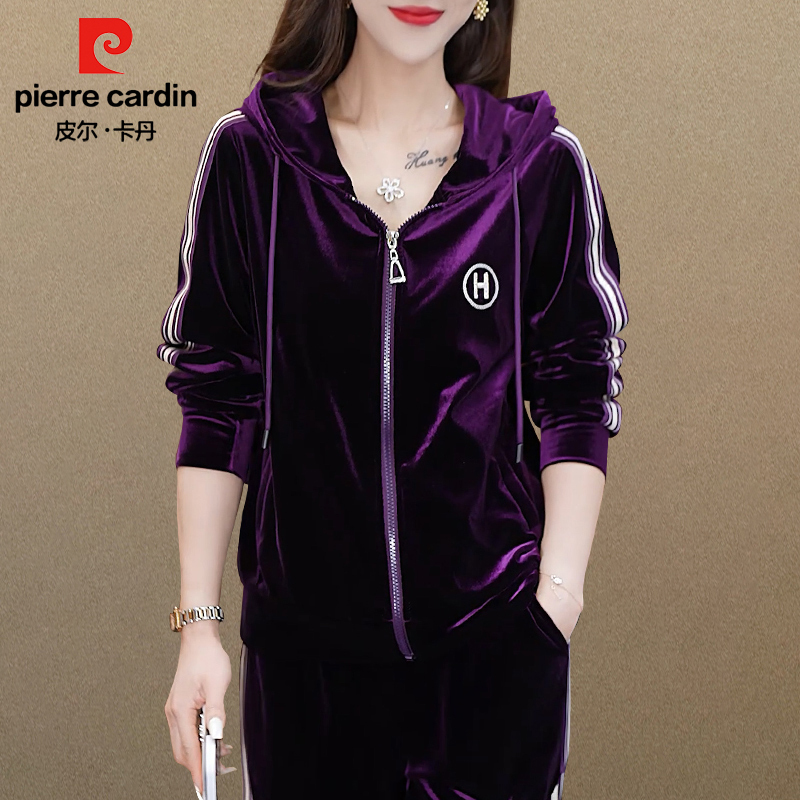 Pierre Cardin Brand Gold Velvet Sports Casual Wear Suit for Women Spring and Autumn 2026 Cardigan Sweatshirt and Long Pants Two-Piece Set Pierre Cardin Brand Gold Velvet Sports Casual Wear Suit for Women Spring and Autumn 2026 Cardigan Sweatshirt and Long Pants Two-Piece Set