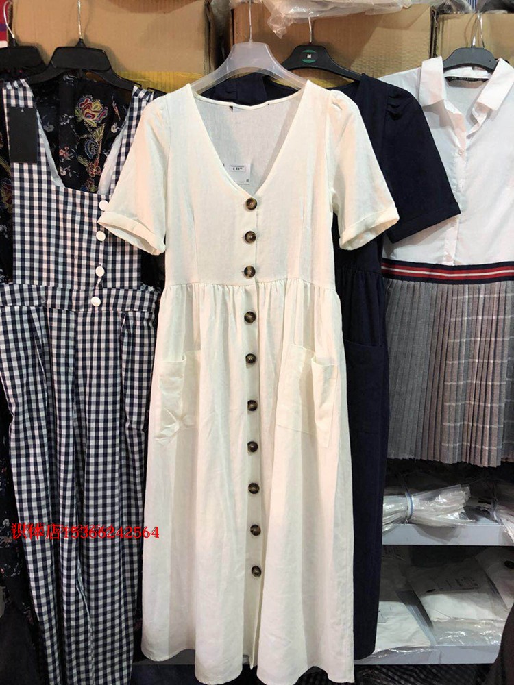 18060435 Sensation cửa hàng Tây Ban Nha thoải mái và thoáng khí đơn ngực V-Cổ xếp li cao thắt lưng cotton A-line ăn mặc mẫu váy xòe liền thân đẹp