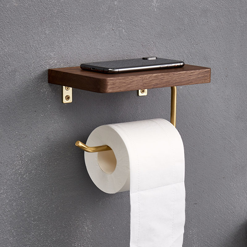 Creative solid wood brass paper towel rack toilet toilet paper roll paper rack mobile phone rack toilet storage shelf high-end