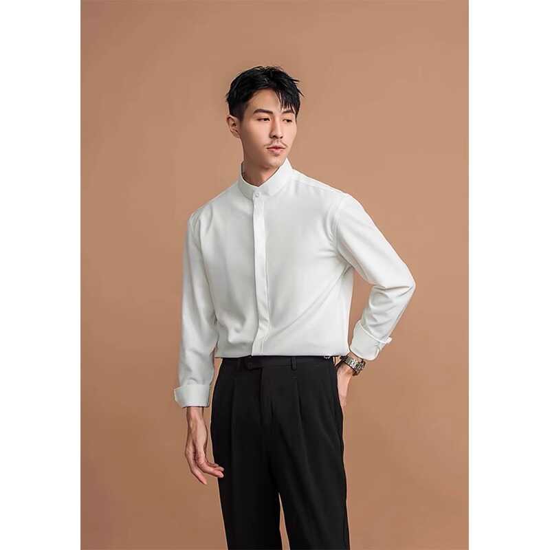 Spring and Autumn Versatile Chinese-Style Stand-Collar Shirt for Men, Long-Sleeved, Light Luxury, Stylish, Trendy Brand, Wrinkle-Resistant Formal Top