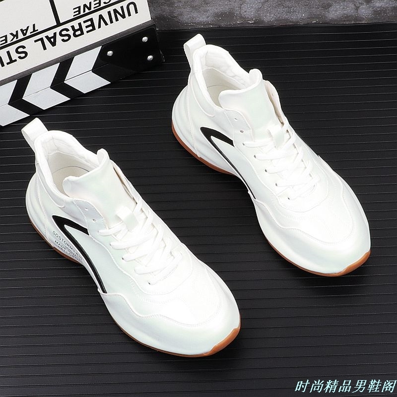 Little leather white shoes men in winter plus thick soles and high-aided shoes leisure light white sneakers