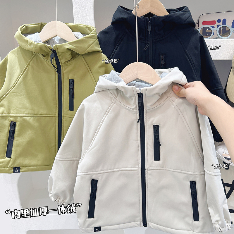 Fleece-Lined Jacket for Boys, Autumn and Winter 2024 New Children's Clothing, Integrated Fleece for Older Children, Hooded Boys' Children's Jacket