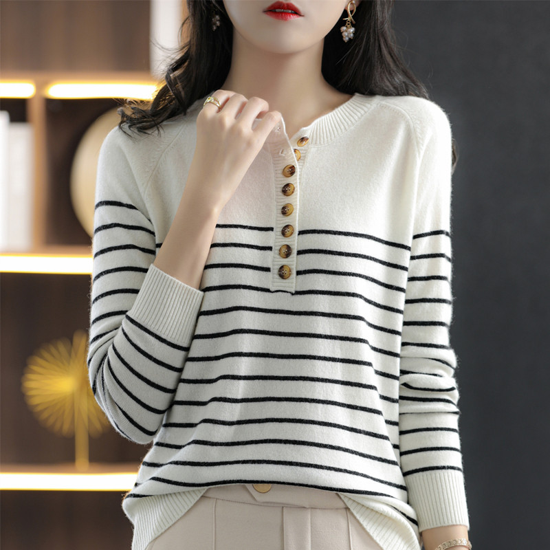 100% cotton knitted sweater women's round neck striped loose button sweater 2022 autumn new style outerwear long-sleeved thin top