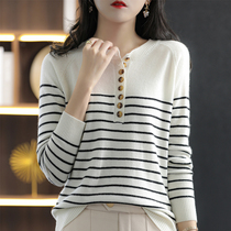 100% cotton knitted sweater womens round neck striped loose button sweater 2022 autumn new style outerwear long-sleeved thin top