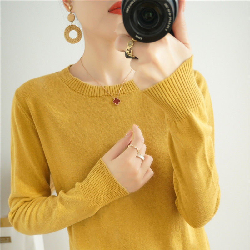 Cotton Knitwear Women's Round Neck Solid Color Long Sleeve Versatile Thin Sweater Autumn and Winter Loose Pullover Inner Bottom Short Section