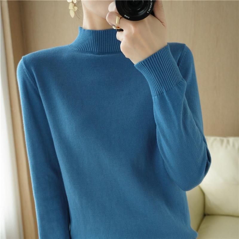 100 % cotton knitted shirt half - tall collar sweater 2022 new autumn and winter long sleeve thickened inner and blouse