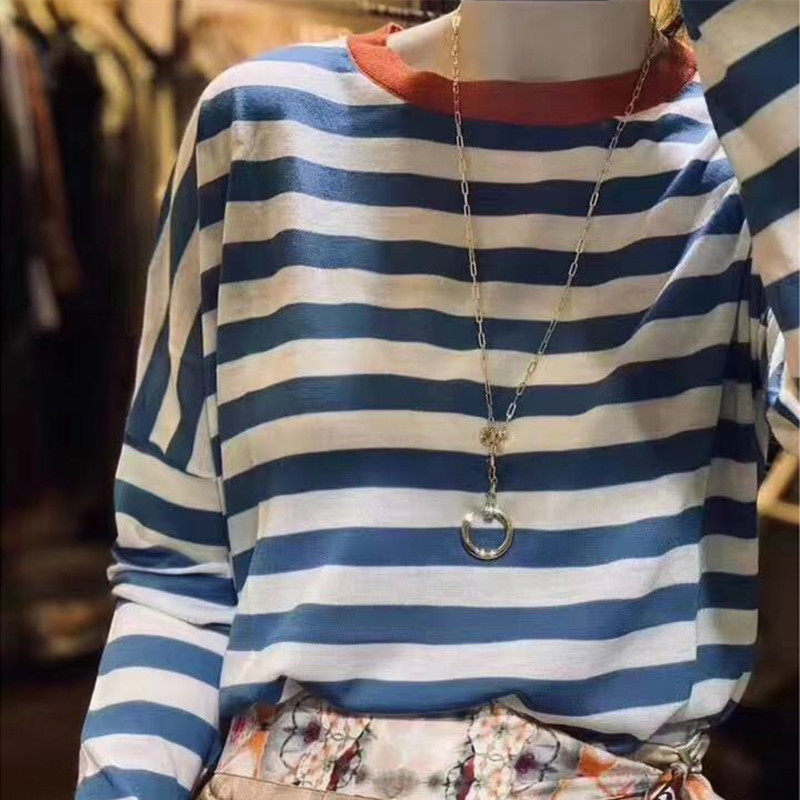 100% Merino Pure Wool Sweater Women's Thin Bottom Pullover Striped Cashmere Sweater Contrasting Color Loose Round Neck Knitwear