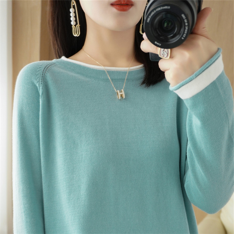 100% cotton knitted sweater women's 2022 autumn and winter new top thin section with round neck loose long-sleeved bottoming shirt