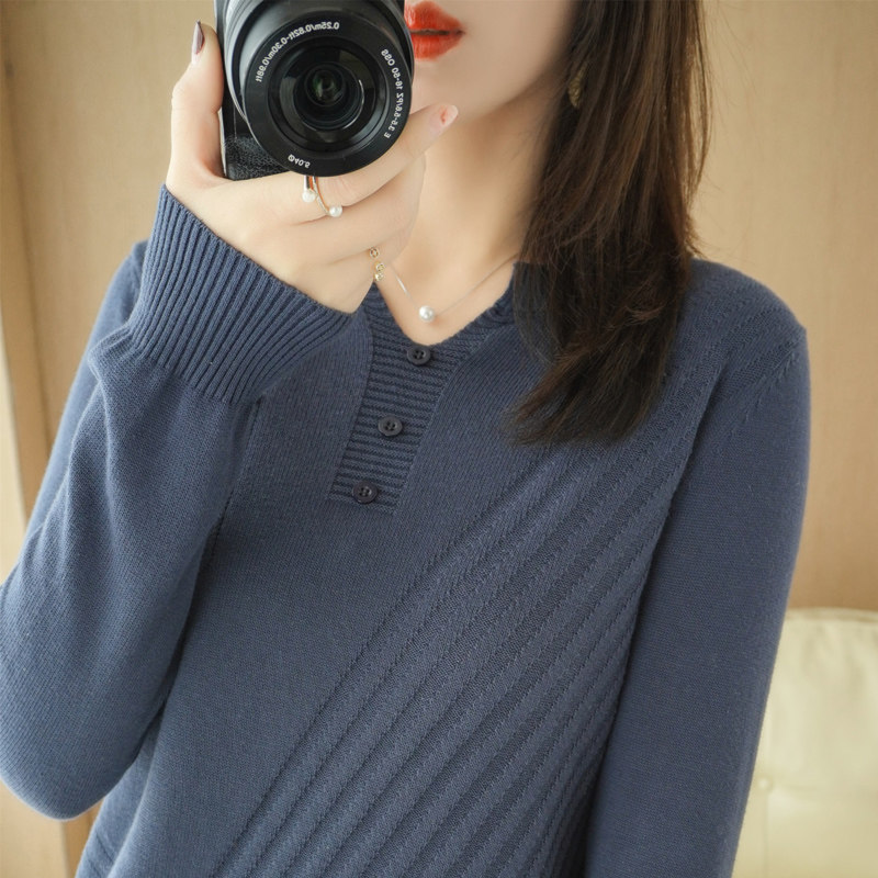 Pure cotton wire coat woman V-collar sleeve knitting shirt spring and autumn and loose thin sweater can be worn