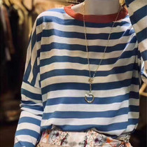 2022 New Pure Cotton Knit Sweater Womens Round Neck Striped Bottom Loose Explosive Style Spring and Autumn Can Wear Thin Sweater Outside