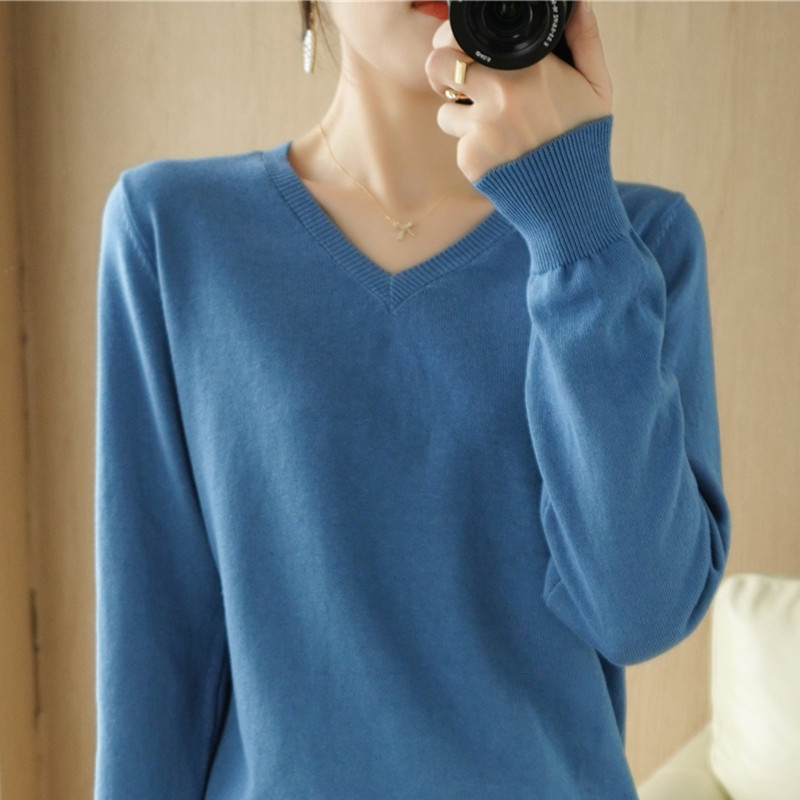 Pure cotton sweater women's V-neck all-match pullover sweater 2022 long-sleeved spring and autumn thin bottoming shirt top