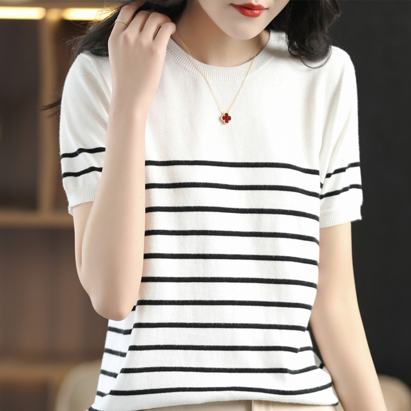 100 % cotton wire knitted short sleeve t shirt with loose round collar blouse blouse for 2022 new summer