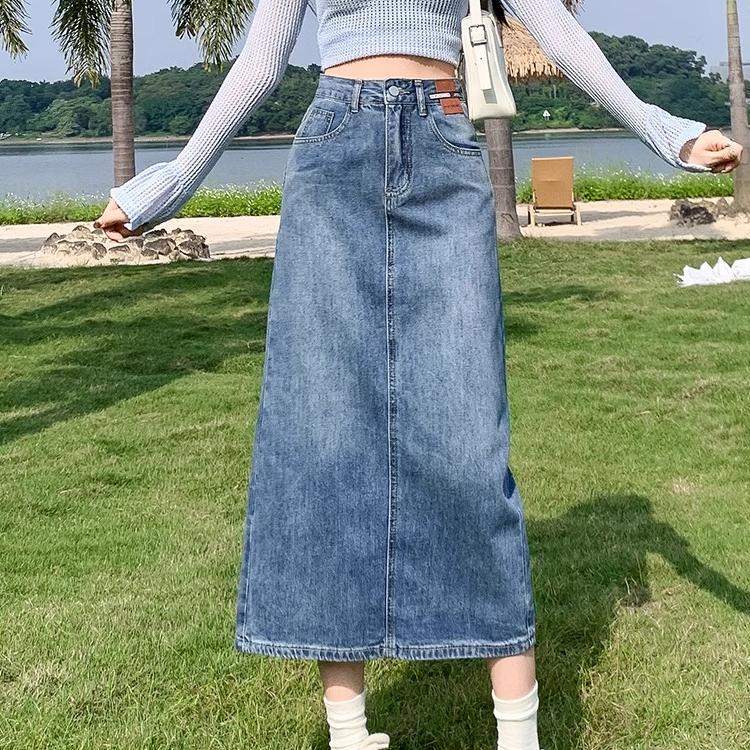 Retro Blue High-Waisted Denim Skirt for Women, Spring and Summer New Style, Mid-Length, Slimming, Loose, A-Line, Hip-Hugging, Slit Skirt