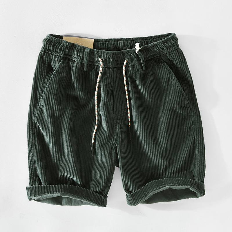 American-Style Cool Corduroy Shorts for Men, Trendy Loose-Fitting Versatile Mid-Length Pants, High Street Men's Pants, Pure Cotton Drawstring Five-Point Shorts