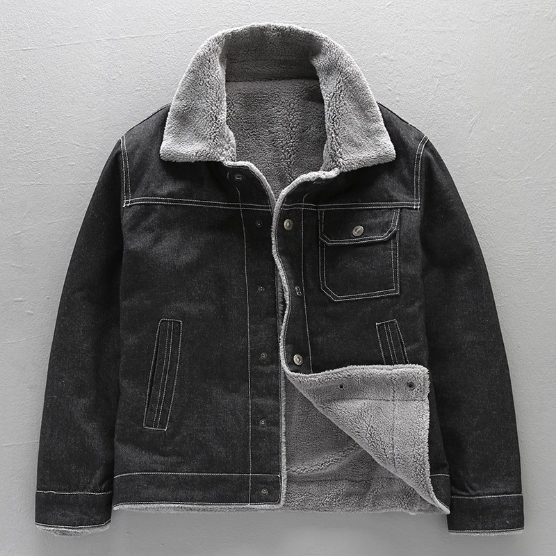 American Retro Style Fleece-Lined Thickened Denim Cotton Jacket for Men, Winter Warm Lamb Wool Cotton Coat, Workwear Cotton-Padded Jacket, Trendy