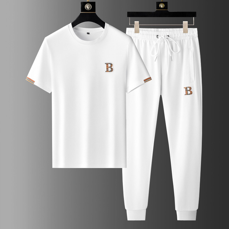 High-End Summer Sports Suit for Men, Silk-Gloss Cotton, Thin Style, Letter Embroidery, Short-Sleeved, Long Pants, Stylish Slim-Fit Two-Piece Set