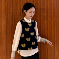 (Yuzi) Shangjiu regular silk black gold butterfly ruby ​​song brocade pipa lapel vest purely handmade