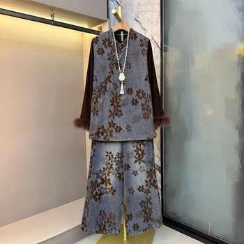 Large size chinese style diagonal buckle denim print retro distressed vest + furry long-sleeved inner wear + wide-leg pants three-piece set
