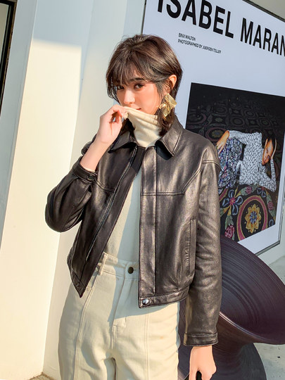 Haining Spring and Autumn New Casual Motorcycle Leather Jacket Small Coat Sheepskin Genuine Leather Jacket Women's Short Slim Fit