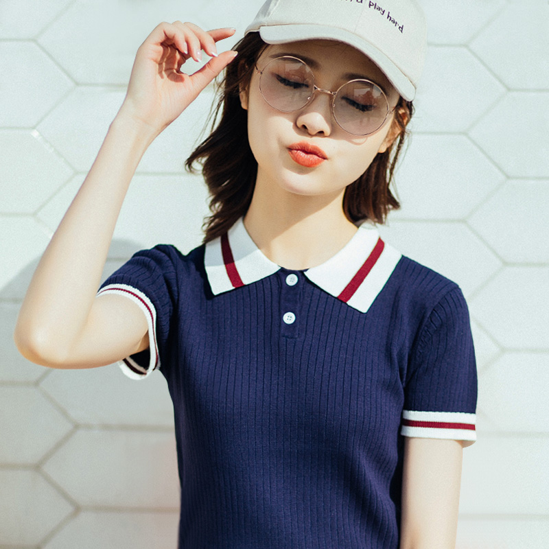 College wind school with short sleeves polo shirt female summer turning collar needlework cardiovert and kindergarten teacher landscaped work clothes