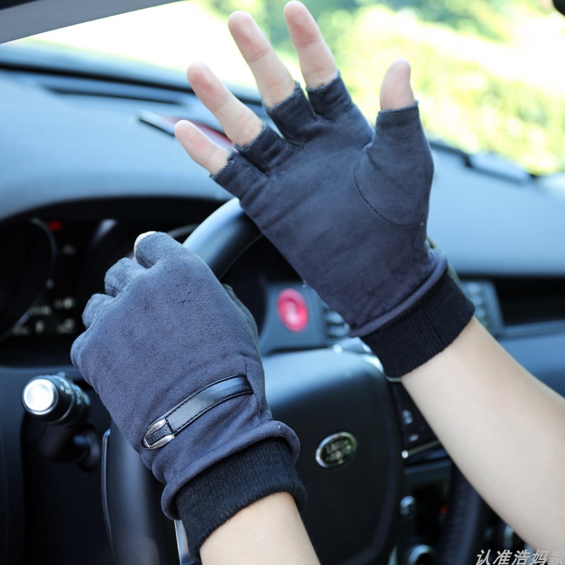 Winter warm half-finger suede gloves men's plus velvet exposed finger riding driving windproof students writing outdoor touch screen