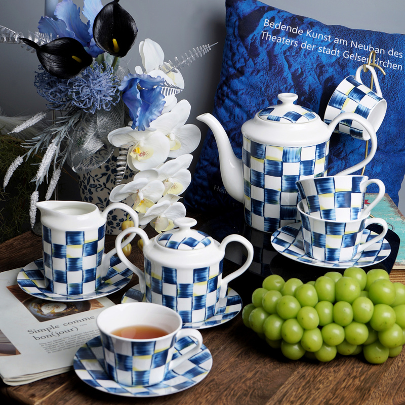 Blue and White Checkerboard Pattern High-End Coffee Set Ceramic Export Dessert Plate Minimalist Plate Sugar Jar Storage Jar