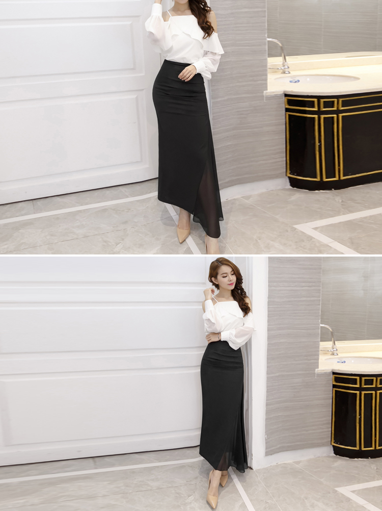 Yingke người mùa hè mới voan khâu bất đối xứng cá tính thời trang váy eo cao cỡ lớn váy khí - Váy chân váy xếp ly dài