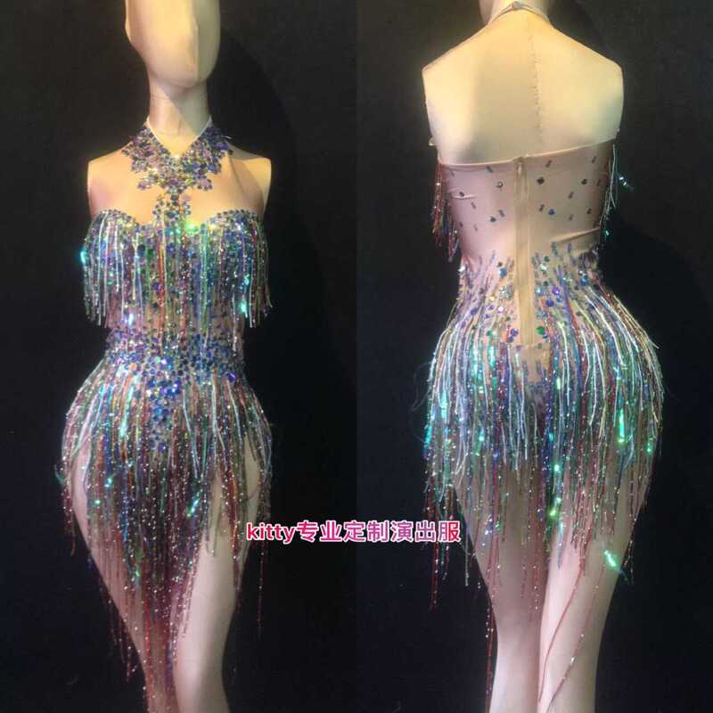 Colorful Tassel Rhinestone One-Piece Skirt Latin Dance Dynamic Modern Dance Adult Competition Dance Costume Ds Stage Outfit