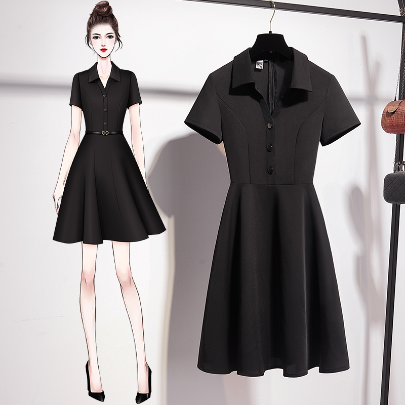 Black dress waist thin temperament goddess Fan clothes light cooked wind shirt skirt female medium long version cover belly summer