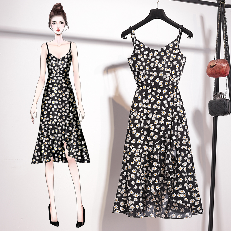 Small Daisy Ocean Dress Long Version Design Sense Skirt Light Cooked Style Retro Snow Spinning Broken Flower Pendant With Skirt Woman Summer