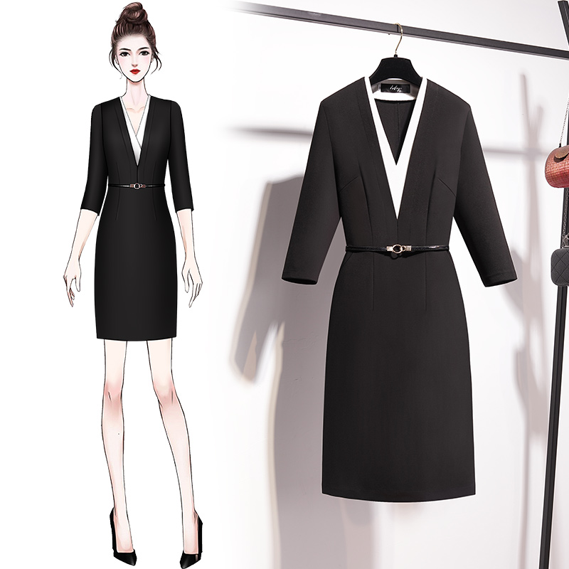 Foreign dress collection waist display slim temperament V collar workout slim black to work with light ripened wind bag glutes 50% sleeves skirt