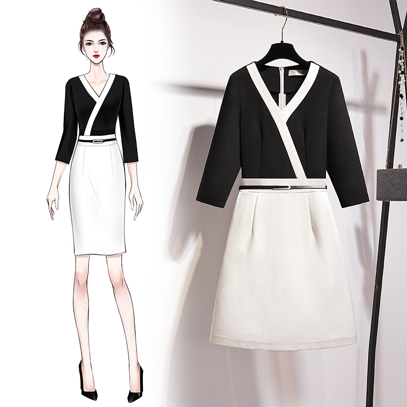 2022 Spring new female pro Ocean dress Waist Display Slim Temperament Name Coloring and Splicing Bag Hip a word dress