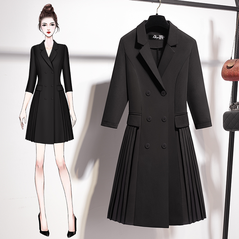 Black double-row buttoned suit foreign dress Senior Sister receives waist display slim temperament 100 pleats small black dress children spring and autumn