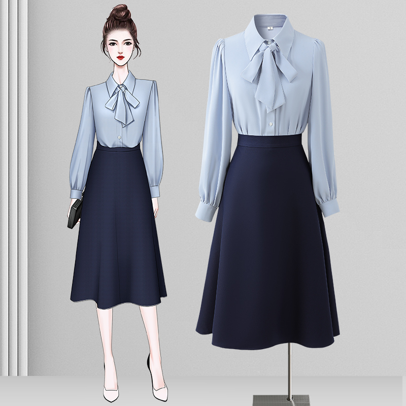 Blue Shirt for Women, Spring and Autumn Long-Sleeved Base Layer Top, High-End Fashion Shirt Suit Dress, Commuting Interview Professional Attire