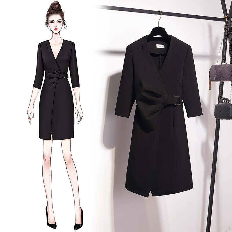 Career dress female spring and autumn black seven-minute sleeves with high-end fame style commuter