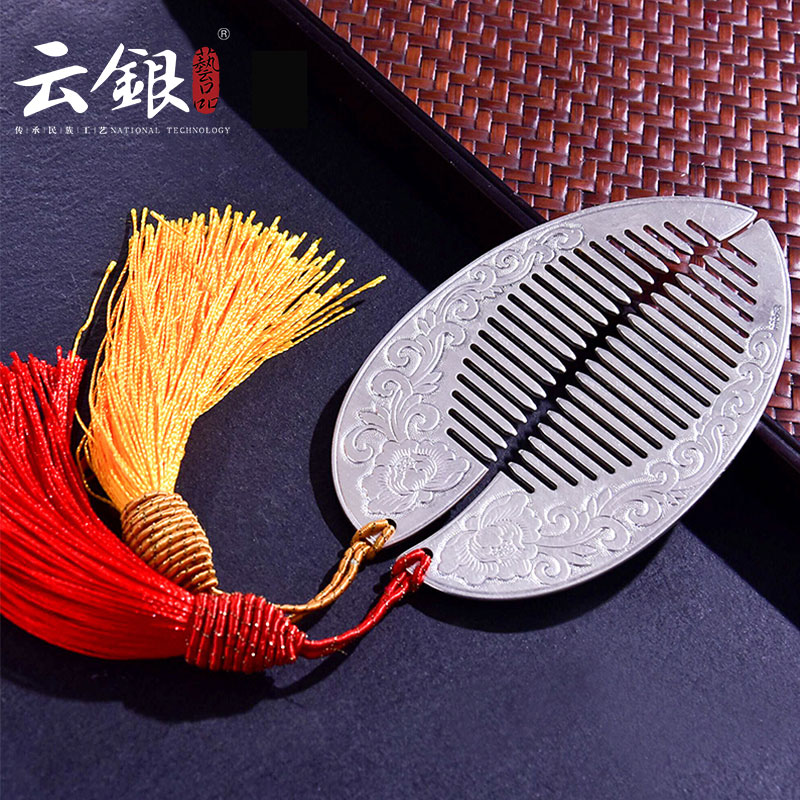 Yunyin 999 sterling silver comb comb handmade ethnic style peony silver pair comb pure hand scraping Yunnan snowflake silver