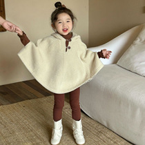 Korean childrens clothing girls shawl cloak sweater 24 autumn style baby girl fashionable and cute hooded knitted jacket