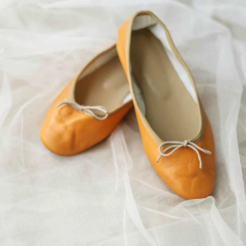 [Lames] Ретро желтые голова плоской пятки балетные простые туфли handmade обувь балетная плоская обувь
