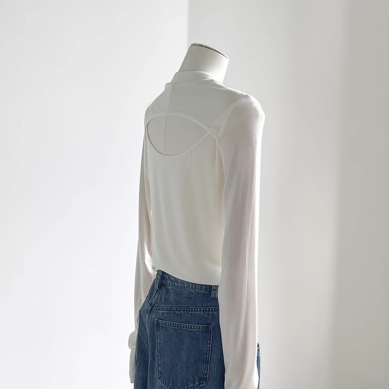 Japanese-Style Minimalist Knitted Wool Blend T-Shirt with a Unique Back Design, Versatile Cut-Out Back Base Shirt 1910