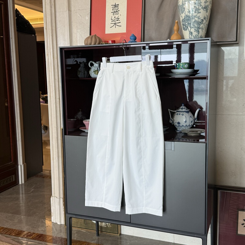 《Mask Pants》Myl 2026 Summer White Polyester Casual Pants Straight Leg Scimitar Wide Leg Elastic Waist Long Pants