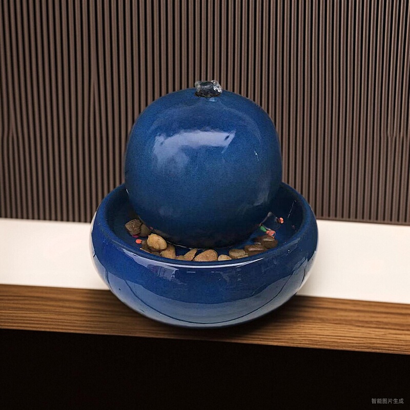 European-Style Ceramic Fountain Water Humidifier Blue Ornament Home Living Room Desktop Creative Water Feature Craft Decoration